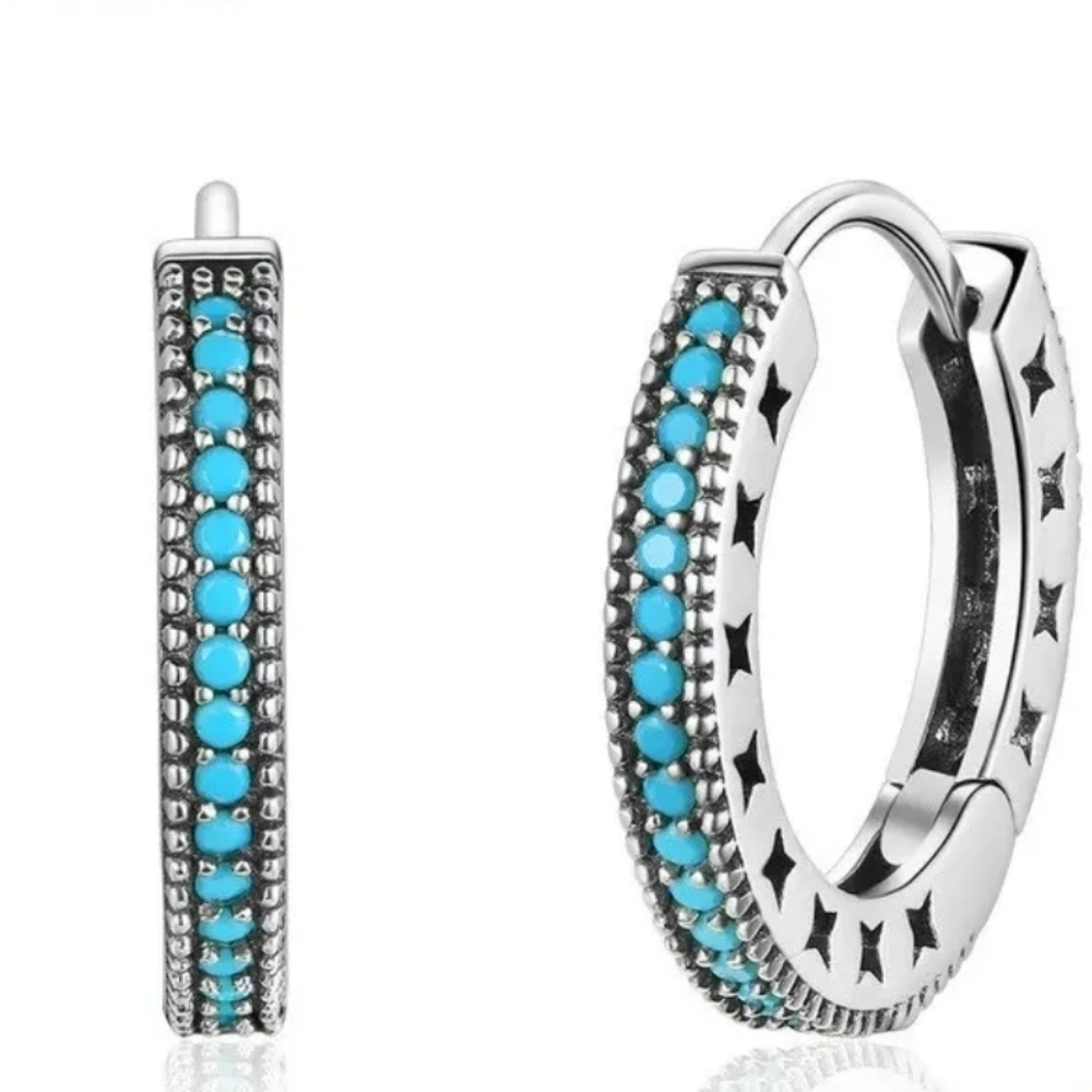 925 Oxidized Sterling Silver Blue Hoop Earring